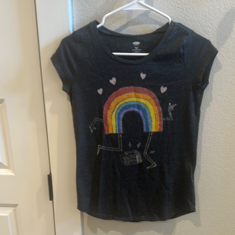 EUC Girls Old Navy Tee T-Shirt Short Sleeve Rainbow Music Design Top Size 14